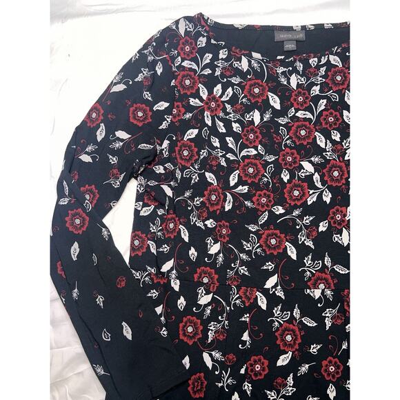 J. Jill Wearever Dress Size Small Black Red Floral Boat Neck Long-Sleeved 139041 - Picture 2 of 16